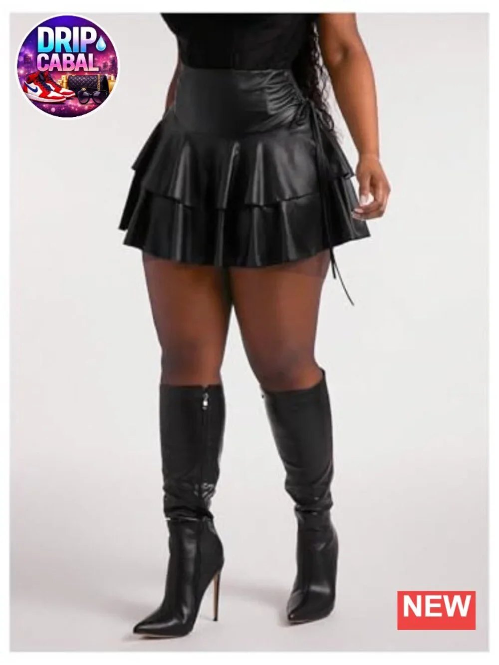 Plus Size PU Leather Ruffle Mini Skirt High Waisted Flare